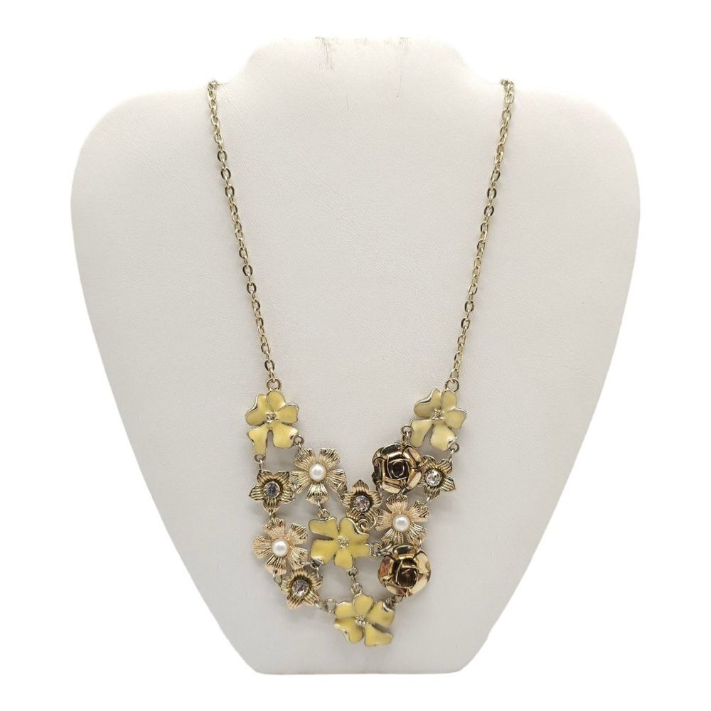 Enamel Floral Pearl Chain Bib Necklace Gold Tone Lobster Clasp Adjustable VTG
